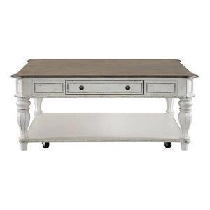 Liberty Furniture Magnolia Manor Oversized Square Wood Cocktail Table w/Drawer, Antique White & Weathered Bark