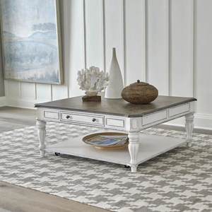 Liberty Furniture Magnolia Manor Oversized Square Cocktail Set | Antique White, Antique White & Weathered Bark