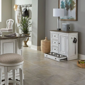 Liberty Furniture Magnolia Manor Wood Pet Feeder Cabinet w/4 Drawers & Door, Antique White & Weathered Bark