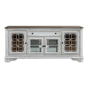 Liberty Furniture Magnolia Manor Wood/Glass Entertainment TV Stand w/4 Doors & Drawer, Antique White & Weathered Bark
