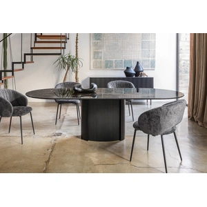 Calligaris Yoroi Metal/Ceramic/Veneer Oval Dining Table, Matt Black/Black Statuary Marble/Matt Black