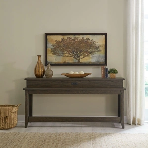 Liberty Furniture Paradise Valley Rectangular Wood Console Bar Table w/Charging Station, Saddle Brown