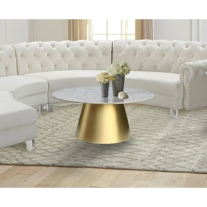 Meridian Furniture Sorrento 36-inch Round Marble Coffee Table with Brushed Gold Metal Base, White