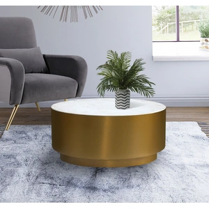 Meridian Furniture Presley 36-inch Round Marble Coffee Table with Brushed Gold Metal Base, White