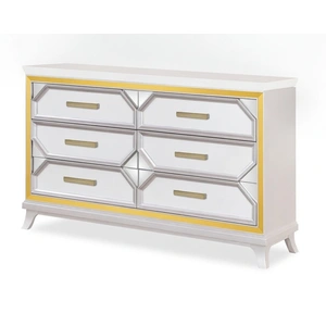 Cosmos Furniture Claire 6-Drawer Double Dresser Gloss Bedroom Dresser with Mirrored Insets & Gold LED Accents, White