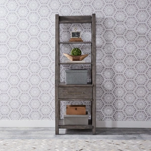 Liberty Furniture Modern Farmhouse Wood Leaning Bookcase w/Drawer, Dusty Charcoal & Heavy Distressing