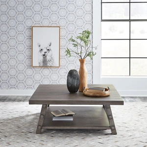 Liberty Furniture Modern Farmhouse Round Wood Drum Cocktail Table Set, Dusty Charcoal & Heavy Distressing