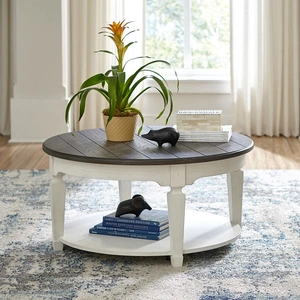 Liberty Furniture Allyson Park Round Wood Cocktail Table, Wirebrushed White & Charcoal
