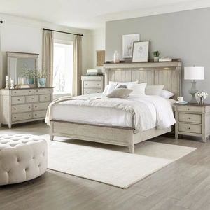 Liberty Furniture Ivy Hollow Queen Mantle Bedroom Set | Rustic Farmhouse, Weathered Linen/Dusty Taupe