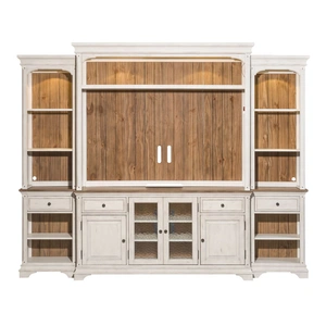 Liberty Furniture Morgan Creek Wood 4-Drawer 4-Door Entertainment Center w/Piers, Antique White/Wirebrushed Tobacco Accents