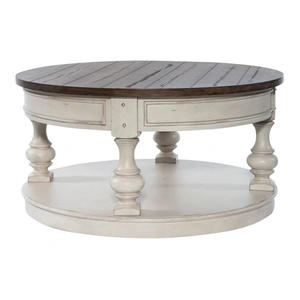 Liberty Furniture Morgan Creek Round Wood Cocktail Table w/Casters, Antique White/Wirebrushed Tobacco Accents