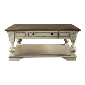 Liberty Furniture Morgan Creek Square Wood 1-Drawer Cocktail Table w/Casters, Antique White/Wirebrushed Tobacco Accents
