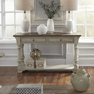 Liberty Furniture Morgan Creek Rectangular Wood 2-Drawer Sofa Table, Antique White/Wirebrushed Tobacco Accents