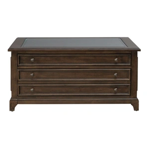 Liberty Furniture Arden Road Square Glass/Wood 3-Drawer Collector Cocktail Table, Satin Cherry