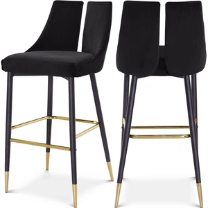 Meridian Furniture Sleek Velvet Bar Stool with Matte Black Metal Legs & Gold Tips (Set of 2)