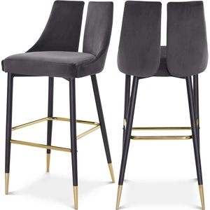 Meridian Furniture Sleek Velvet Bar Stool with Matte Black Metal Legs & Gold Tips (Set of 2)