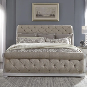 Liberty Furniture Abbey Park Tufted Chenille Sleigh Bed – Antique White, Antique White/Weathered Brown