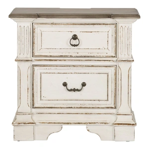 Liberty Furniture Abbey Park Wood 2-Drawer Night Stand w/Charging Station, Antique White/Weathered Brown