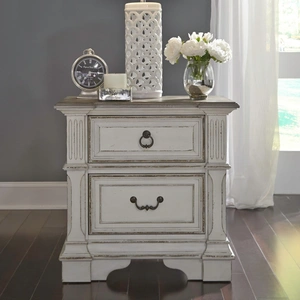 Liberty Furniture Abbey Park Wood 2-Drawer Night Stand w/Charging Station, Antique White/Weathered Brown