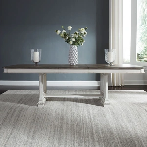 Liberty Furniture Abbey Park Rectangular Wood Extendable Trestle Dining Table, Antique White/Weathered Brown