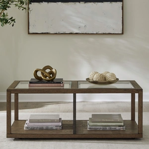 Liberty Furniture Bayhill Trellis Rectangular Glass/Wood Cocktail Table, Honey/Black Metal Accents