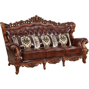 ACME Eustoma Top Grain Leather/Wood Tufted Sofa w/Pillows, Cherry/Walnut