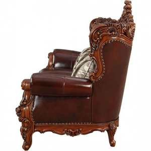 ACME Eustoma Top Grain Leather/Wood Tufted Sofa w/Pillows, Cherry/Walnut
