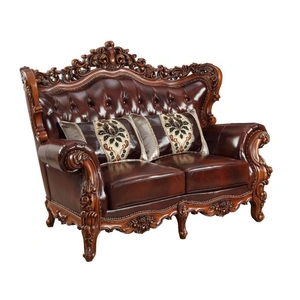 ACME Eustoma Top Grain Leather/Wood Tufted Loveseat w/Pillows in Cherry/Walnut