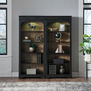 Liberty Furniture Meritage Wood 2-Piece Bunching Bookcase w/LED Lighting, Aged Charcoal/Rub Thru/Caramel