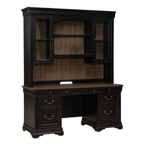 Liberty Furniture Meritage Wood 7-Drawer Credenza & 2-Door Hutch w/LED Lighting, Aged Charcoal/Rub Thru/Caramel