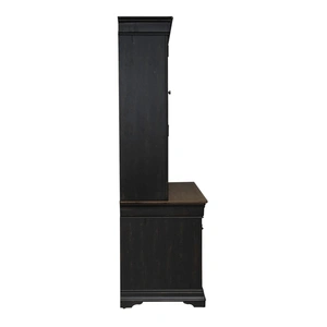 Liberty Furniture Meritage Wood 7-Drawer Credenza & 2-Door Hutch w/LED Lighting, Aged Charcoal/Rub Thru/Caramel
