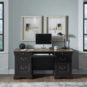 Liberty Furniture Meritage Rectangular Wood 3-Drawer Jr Executive Desk, Aged Charcoal/Rub Thru/Caramel