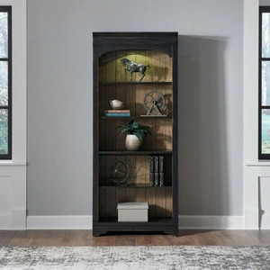 Liberty Furniture Meritage Wood Bunching Bookcase w/LED Lighting, Aged Charcoal/Rub Thru/Caramel
