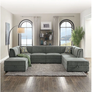 ACME Bois Velvet U-Shaped Modular Sectional Sofa, Gray