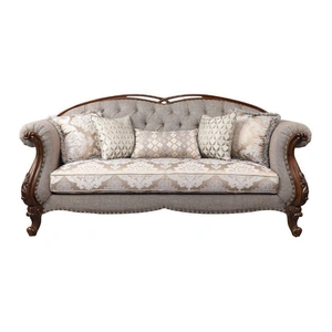 ACME Miyeon Fabric Tufted Sofa w/Pillows, Beige/Cherry