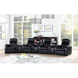 Coaster Cyrus 7-Piece Top Grain Leather/PVC Home Theater Seating with 2 Console, Black