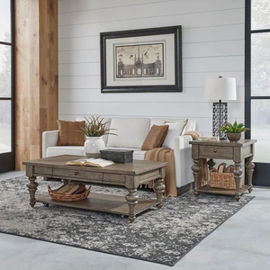 Liberty Furniture Americana Farmhouse Wood Cocktail Table Set with Shelf, Dusty Taupe