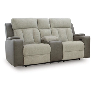 Ashley Furniture WhipLash Faux Leather Power Reclining Loveseat w/Console & Adjustable Headrests, Sisal