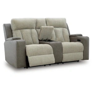 Ashley Furniture WhipLash Faux Leather Power Reclining Loveseat w/Console & Adjustable Headrests, Sisal