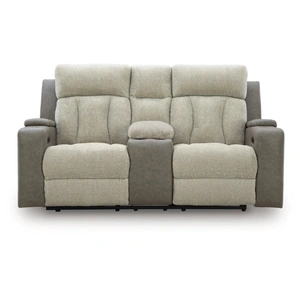Ashley Furniture WhipLash Faux Leather Power Reclining Loveseat w/Console & Adjustable Headrests, Sisal