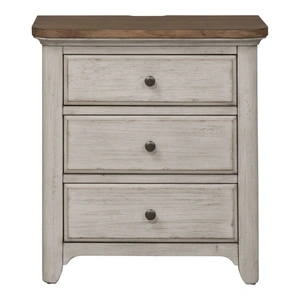 Liberty Furniture Farmhouse Reimagined Wood 3-Drawer Night Stand w/Charging Station, Antique White/Chestnut