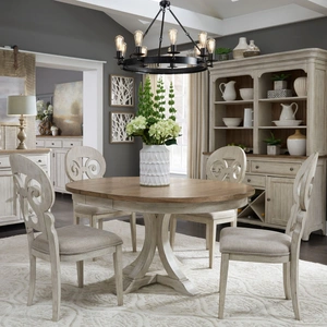 Liberty Furniture Farmhouse Reimagined Round Wood Extendable Dining Table, Antique White/Chestnut