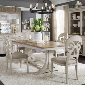 Liberty Furniture Farmhouse Reimagined Rectangular Wood Extendable Trestle Dining Table, Antique White/Chestnut