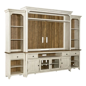 Liberty Furniture Farmhouse Reimagined Wood 4-Drawer 4-Door Entertainment Center w/Piers, Antique White/Chestnut