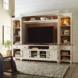 Liberty Furniture Farmhouse Reimagined Wood 4-Drawer 4-Door Entertainment Center w/Piers, Antique White/Chestnut