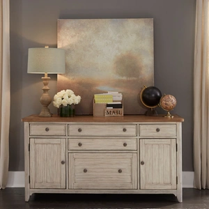Liberty Furniture Farmhouse Reimagined Wood 5-Drawer 2-Door Credenza, Antique White/Chestnut
