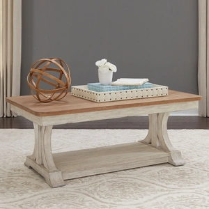 Liberty Furniture Farmhouse Reimagined Rectangular Wood Cocktail Table w/Casters, Antique White/Chestnut