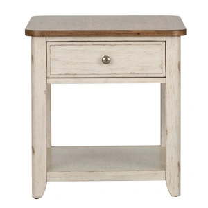 Liberty Furniture Farmhouse Reimagined Rectangular Wood 1-Drawer End Table w/Basket, Antique White/Chestnut