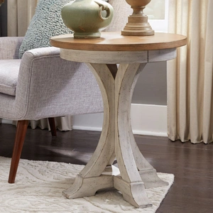 Liberty Furniture Farmhouse Reimagined Round Wood Chairside Table, Antique White/Chestnut