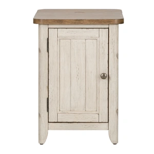 Liberty Furniture Farmhouse Reimagined Rectangular Wood 1-Door Chairside Table w/Charging Station, Antique White/Chestnut